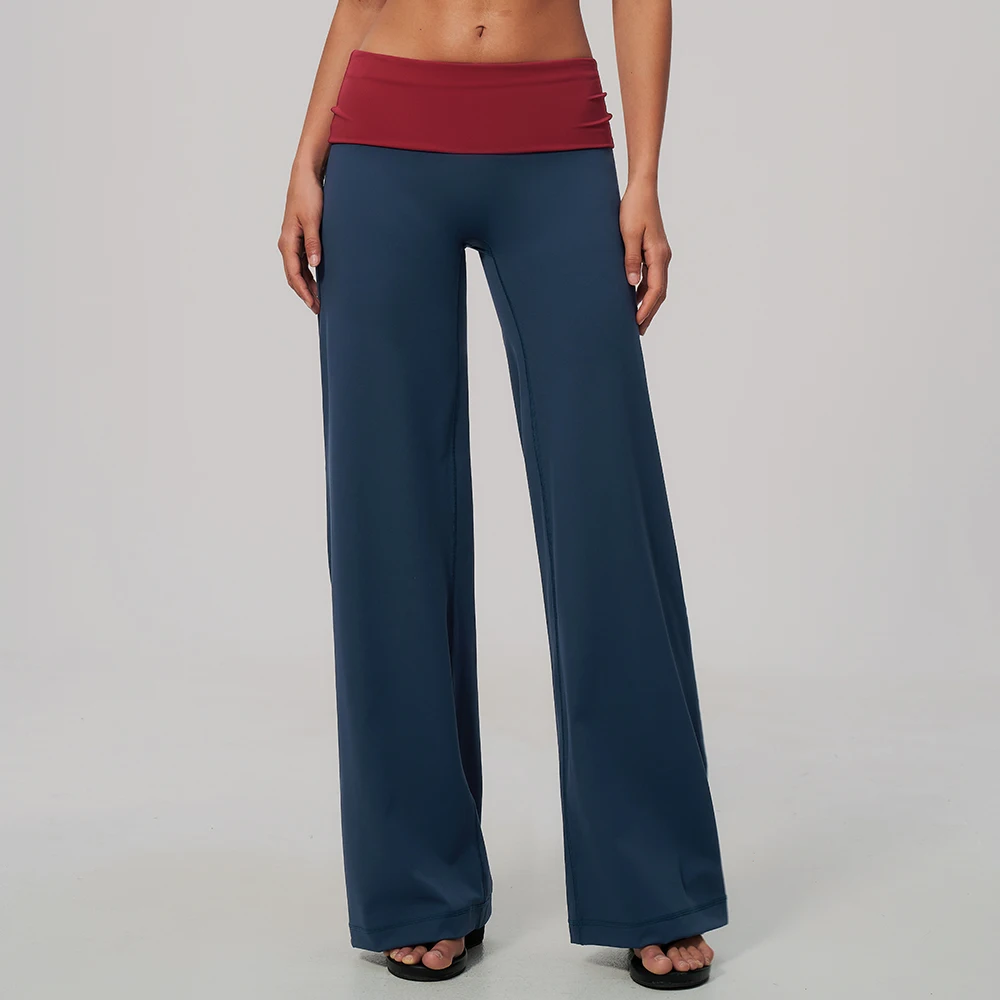Yoga Bell Bottoms Womens Fitness Flare Pants Workout Gym Push Up High Waist Wide Leg Pants Colorblock Foldover Waist Trousers