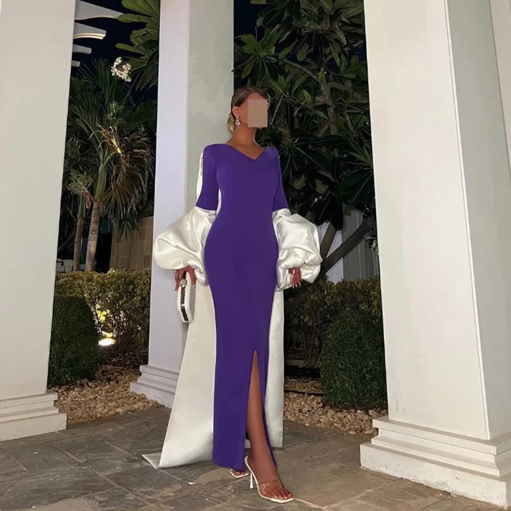 

Customized Purple V-neck Sheath Crystal Train Jersey Evening Dresses Full Puff Sleeves Floor Length Party Prom Gowns For Women