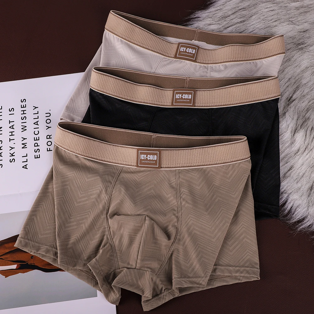 

1/3PCS Summer Cooling Breathable Boxers Hombre Fashion Solid Wave Striped Ice Silk Men's Panties High Elastic Lingeries for Man