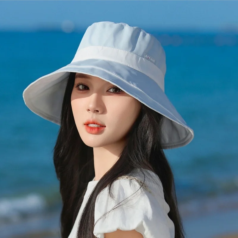 

Summer Ice Silk Fisherman's Hat Korea Color Blocking UV Large Brim Sunscreen Hat Outdoor Beach Vacation Women 56-58cm