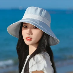 Summer Ice Silk Fisherman's Hat Korea Color Blocking UV Large Brim Sunscreen Hat Outdoor Beach Vacation Women 56-58cm