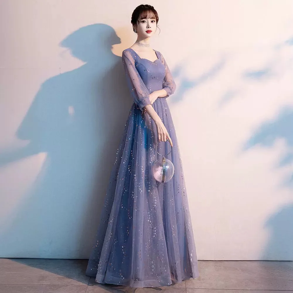 Blue Tulle Banquet Evening Dress Women Sweetheart Collar Long Sleeves Sequin Host Dresses Simple Elegant A-line Prom Gown