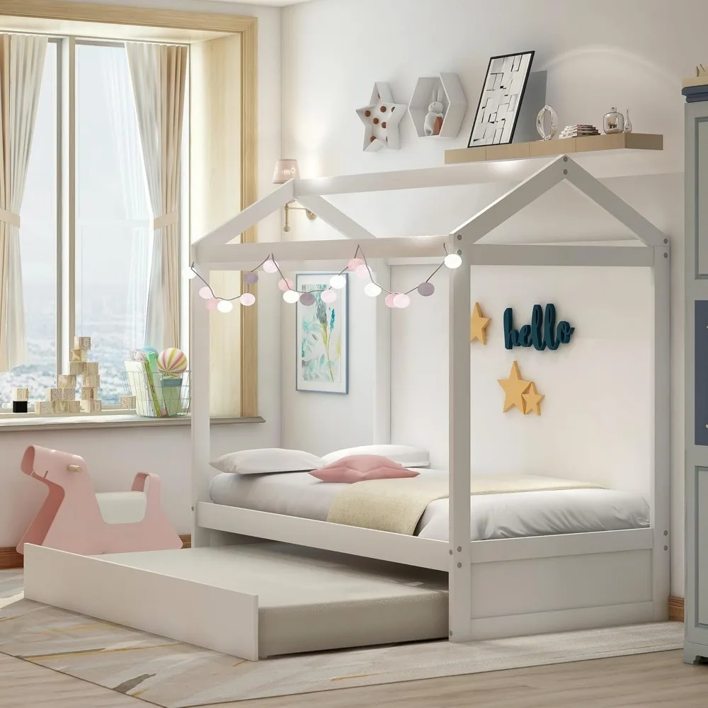 Cama de casa dupla Bellemave com rodízio, cama de casa Montessori com design de telhado, estrutura de sofá de madeira para crianças, meninos, meninas, wo resistente
