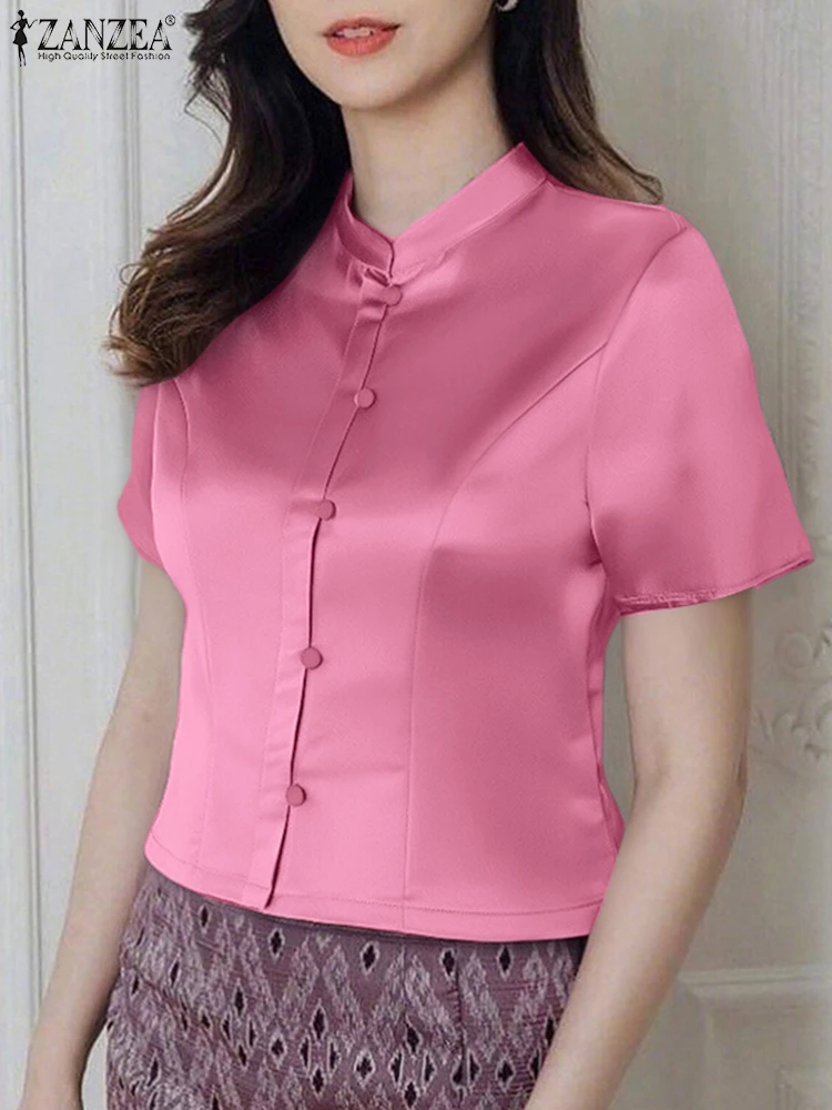 잔제 여성 새틴 실크 탑 신상 중국풍 셔츠 2025 캐주얼 OL 워크 튜닉 단색 패션 반팔 튜닉 오버사이즈
