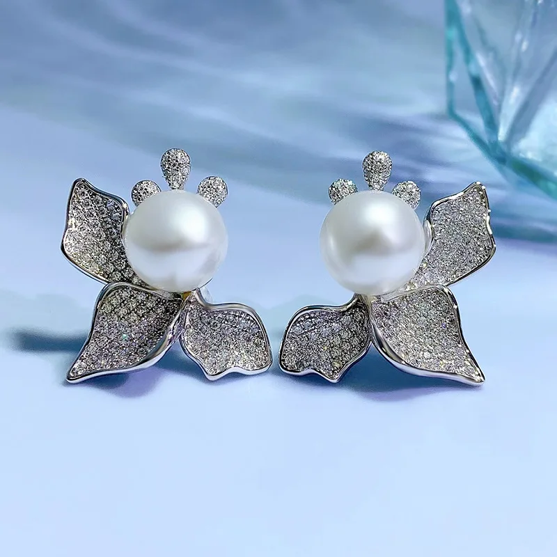 2021 Floral Bow Tie Earrings Full Body 925 Silver Inlaid Pearl 12mm European and American Female Earrings