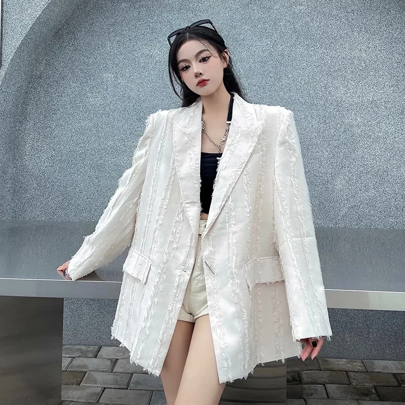 

Черно-белый пиджак женский, новый дизайн 2025 года, свободный пиджак большого размера, винтажные топы, модное пальто, женская верхняя одежда с карманами