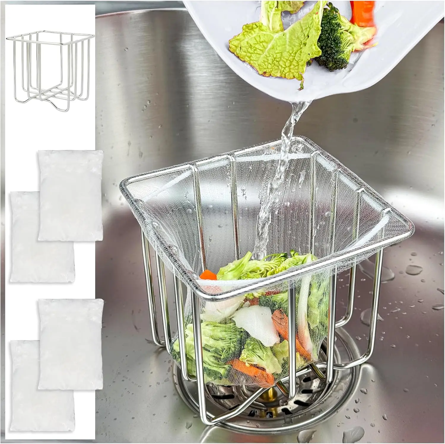 

Kitchen Sink Strainer with Basket Holder and 200 Mesh Bags, Food Catcher Drain Filter for Leftovers