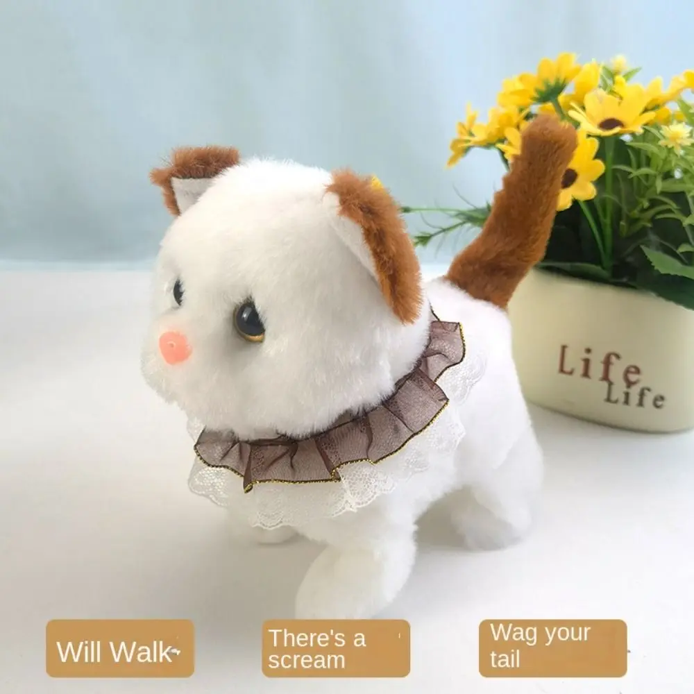 Chats en peluche électroniques blancs de simulation électrique avec son, jouets pour animaux de compagnie en mouvement, jeu de changement de vêtements, mignon, marche, bricolage