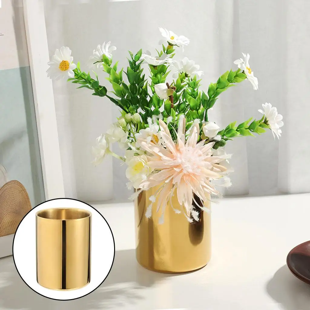 Gold Pencil Cup Holder Double Walled Stainless Steel Desk Pen Holder for Vanity