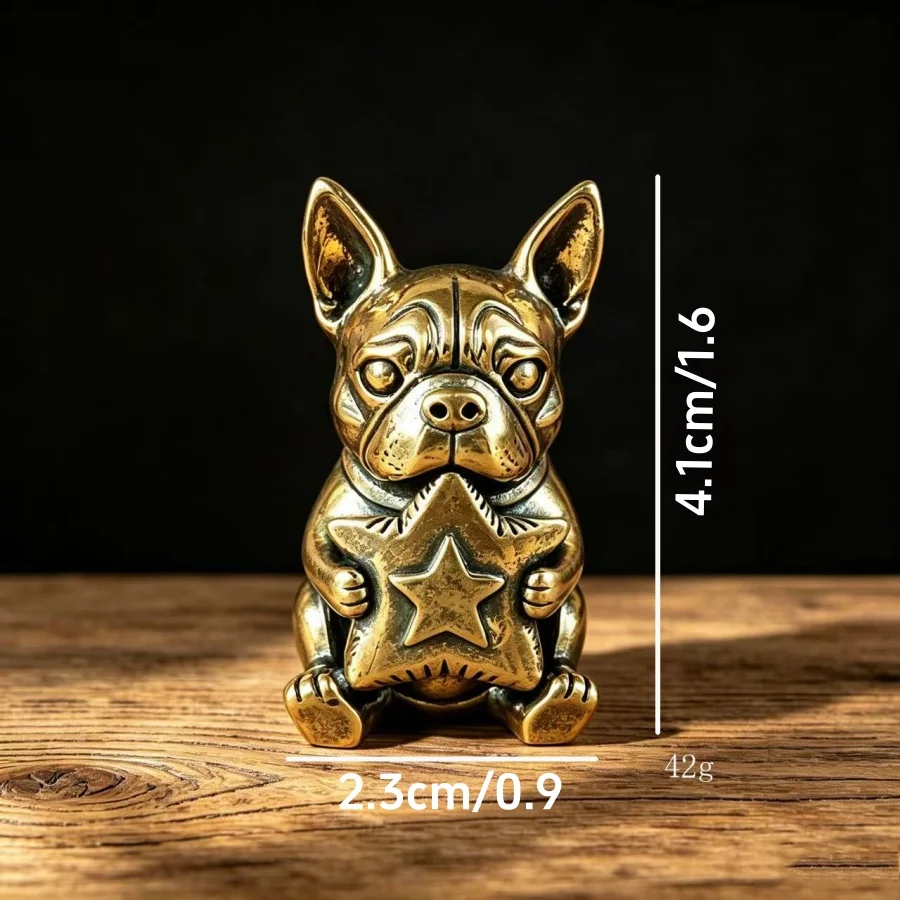 New Brass French Bulldog Holding Star Statue, Desktop Ornament for Home Office Decor