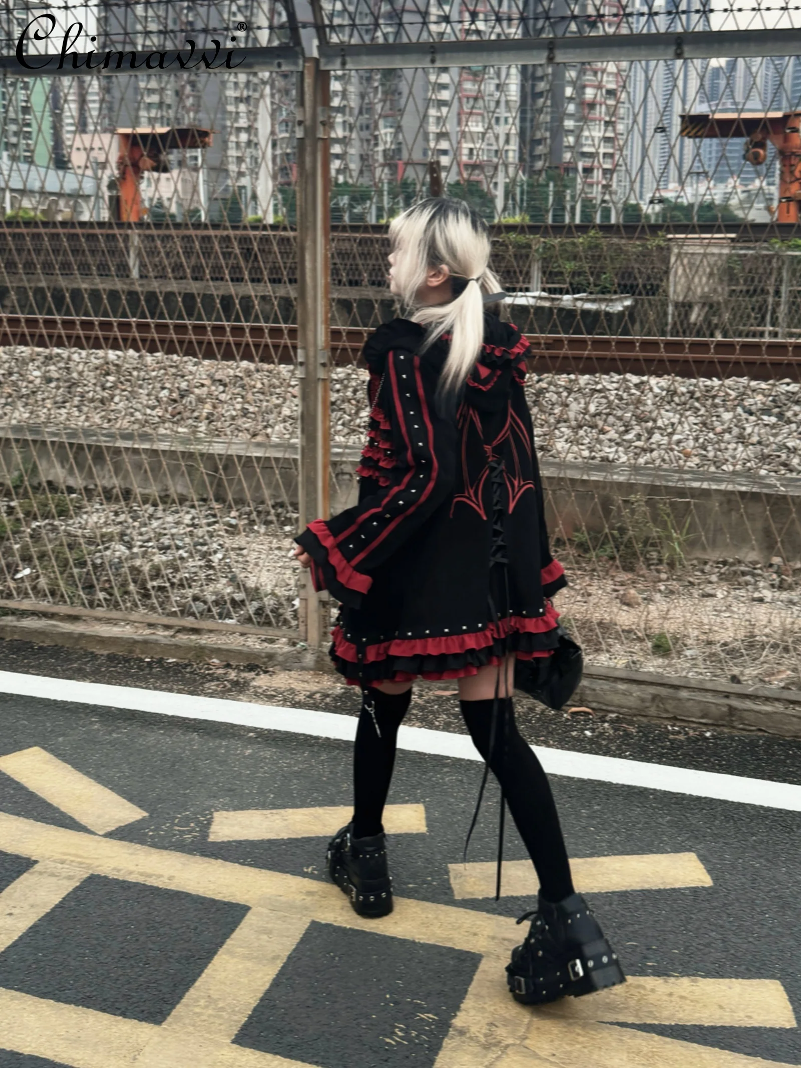 

Autumn Winter Original Japanese Punk Cute Cat Ear Black and Red Hooded Zipper Coat Girls Women's Gothic Loose Hoodie Jackets