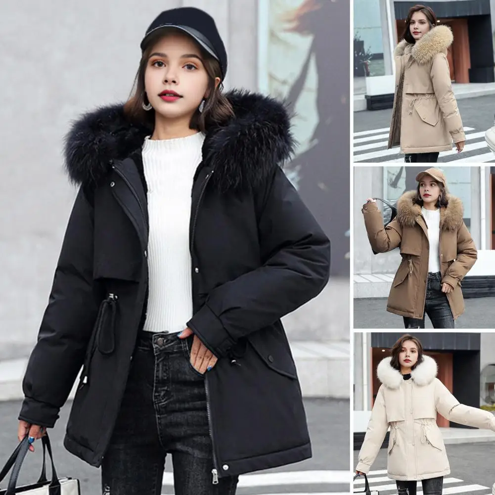 

Women Cotton Jacket Stylish Winter Windbreaker with Furry Hood Drawstring Waist for Women Mid Length Solid Color for Weather