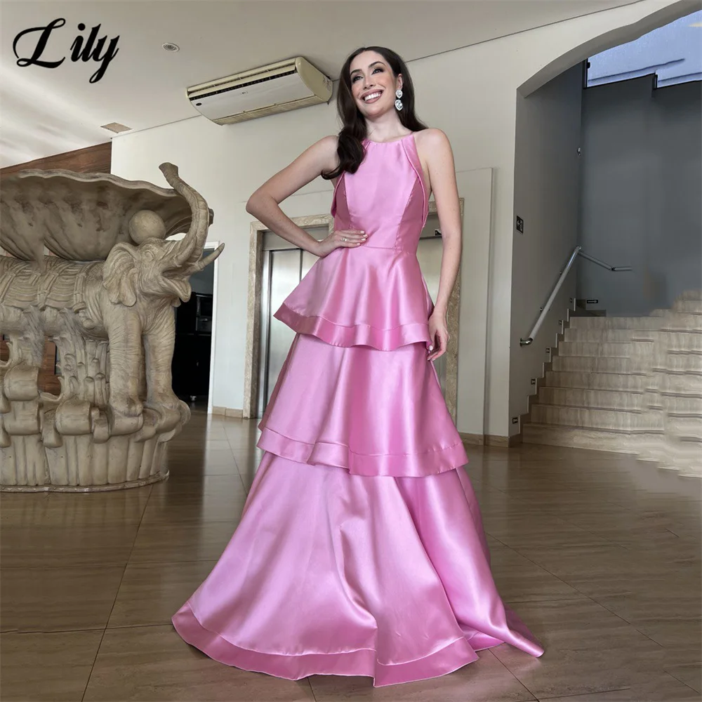 Lily Fuchsia Sleeveless Party Dress Satin O Neck Prom Dress Simple A Line 프롬드레스 Tiered Ruffles Gala Dresses Customized image 3