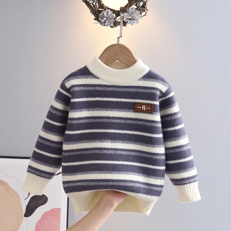Children Boys Autumn Winter Sweater Cotton Sticker Striped Little Boy Pullovers Round Collar Casual Colorful Knitwear HY11121 image 2