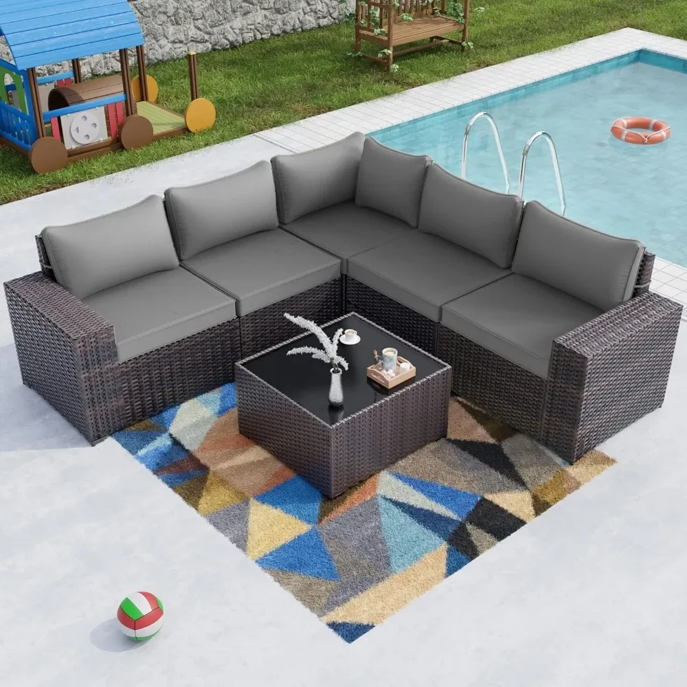 

Garden Sofa，6PCS Outdoor Patio Furniture Set PE Wicker Rattan Sectional Sofa Patio Conversation Sets,Grey