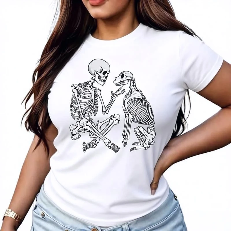 Human and Dog Skull Head Womens Oversized T-shirt Funny Graphic Short Sleeve Tee Novelty Halloween O-Neck Y2k Tops Free Shipping