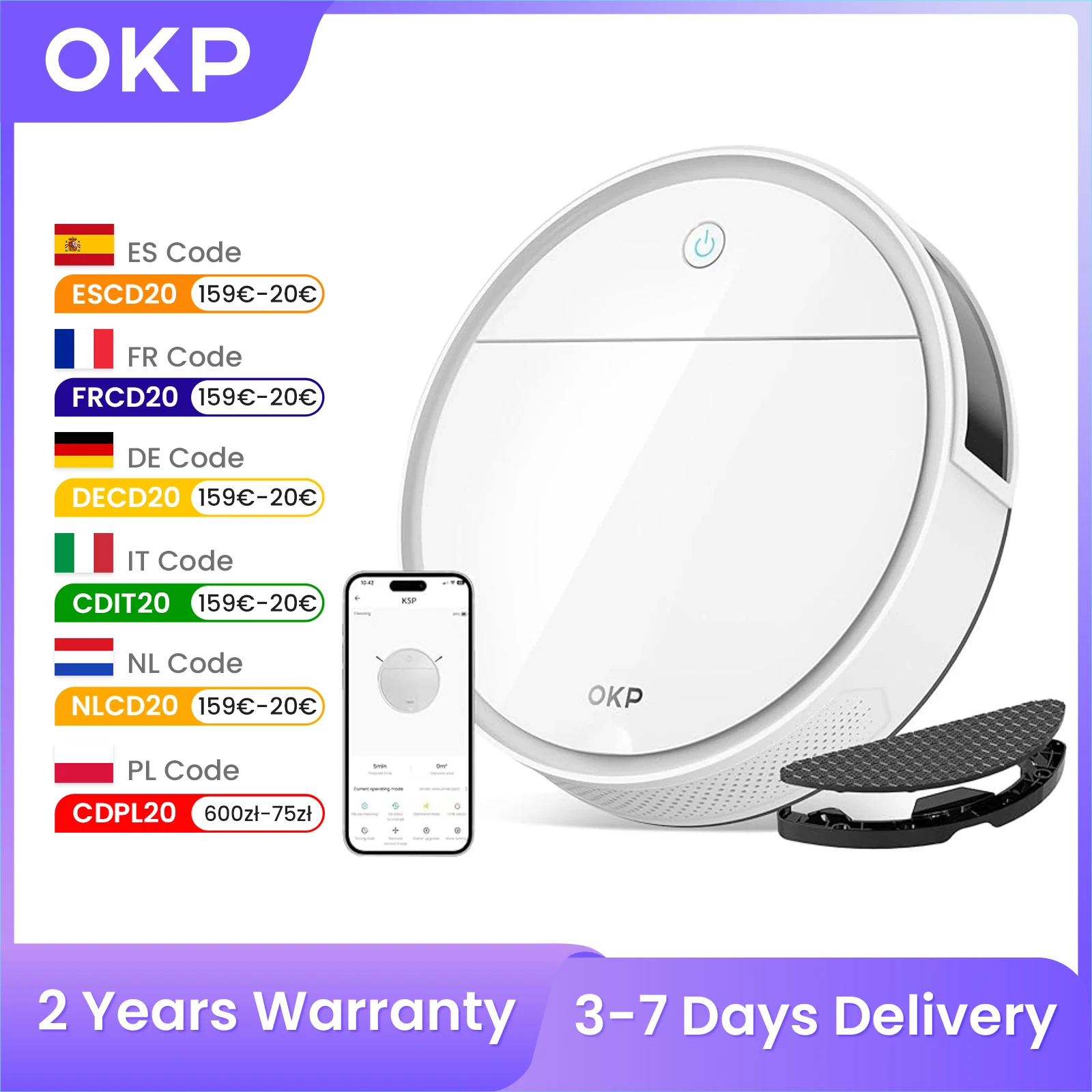 OKP K5P Robot Vacuum Cleaner, 5000Pa, 180 Minutes, WiFi/App, Self-Charging, Perfect for Hard Floors, Animal Hair, Carpets