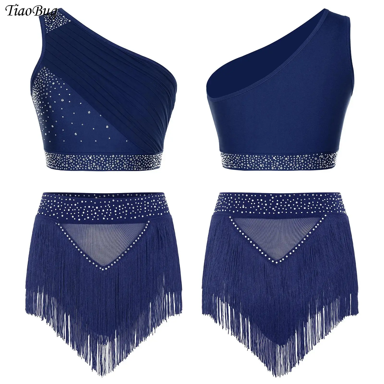 

Womens Latin Cha-cha Dancing Costume One Shoulder Rhinestone Ruched Tank Crop Top+Tassel Shorts Figure Skating Ballet Dancewear
