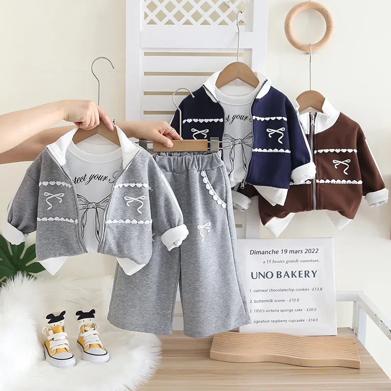 

New Spring Autumn Fashion Baby Girls Clothing Set Children Jacket T-Shirt Pants 3Pcs/Sets Kids Clothes Suit Infant Tracksuits