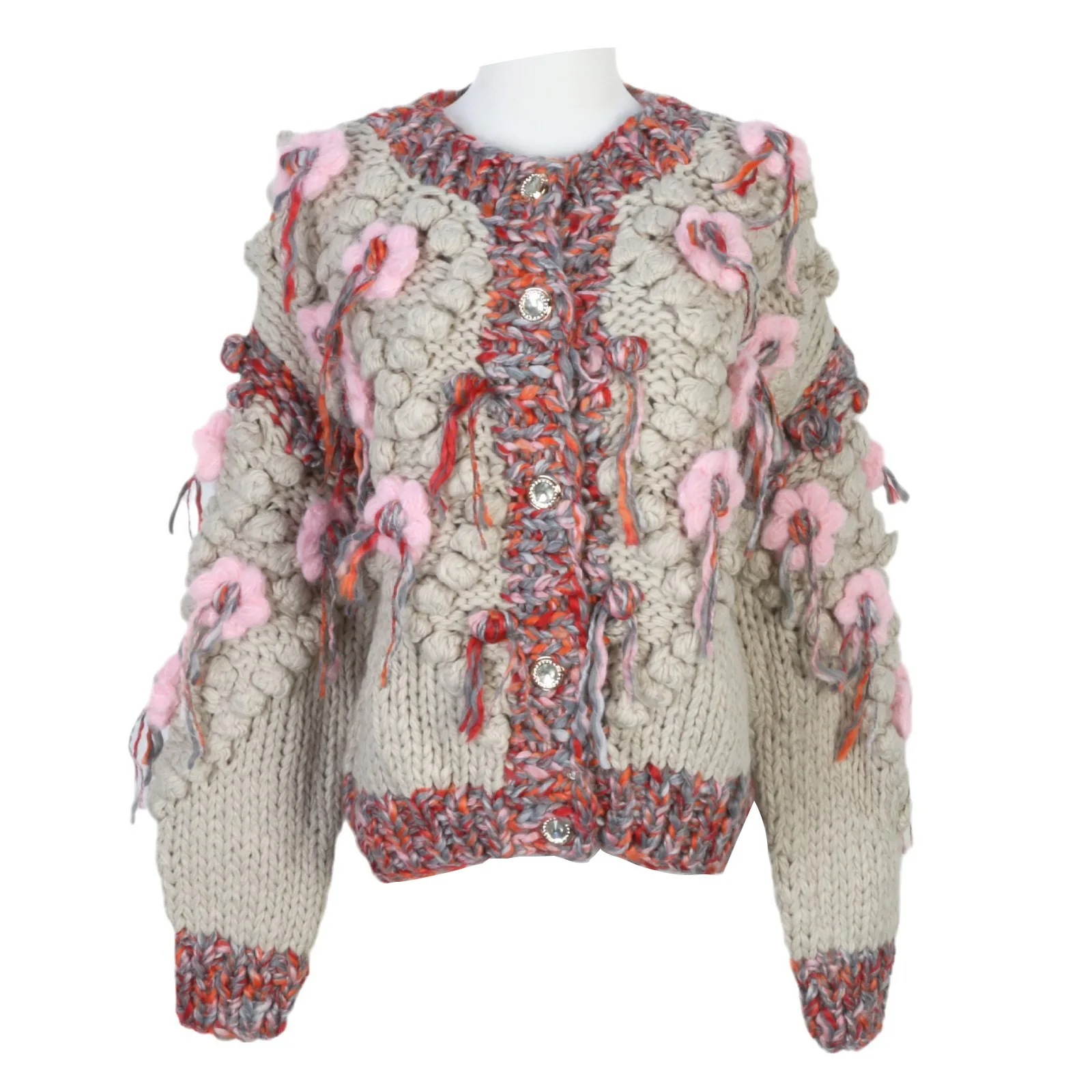 

2025 Autumn Winter Women's Sweater Retro Boho Contrast Color Flower Embroidery O-Neck Long Sleeve Loose Thick Knitted Cardigan