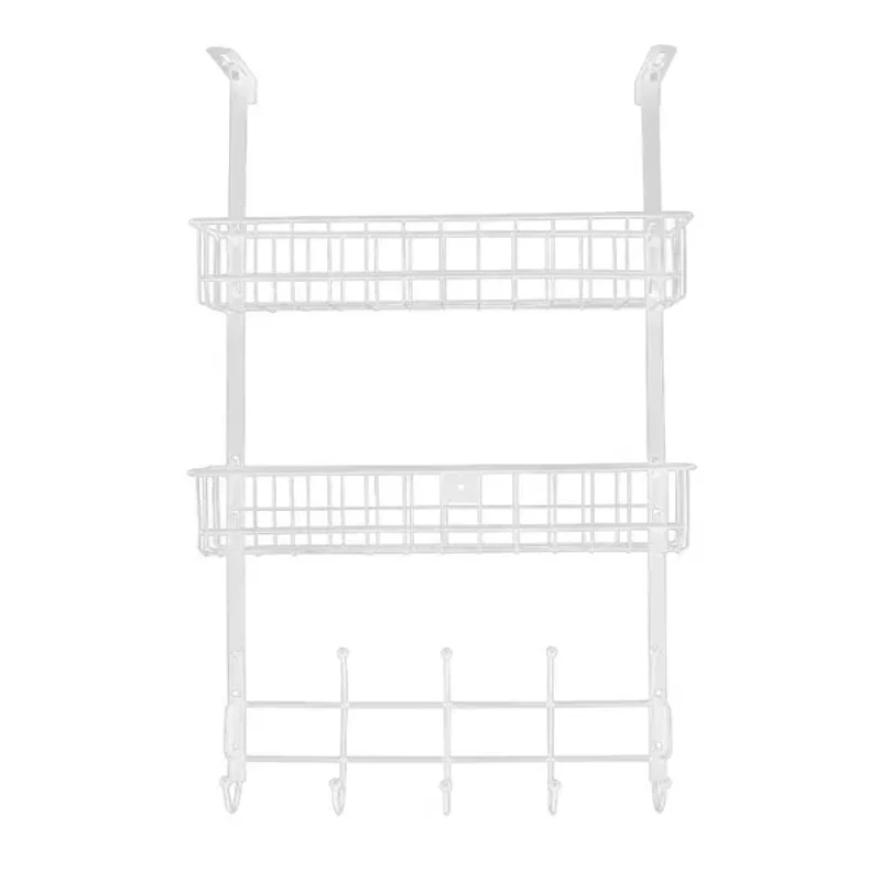 Door White Hook Organizer Door Towel Rack Hanger 5 Hooks with 2 Metal Baskets for Bathroom Bedroom Kitchen Storage Rack Hardware