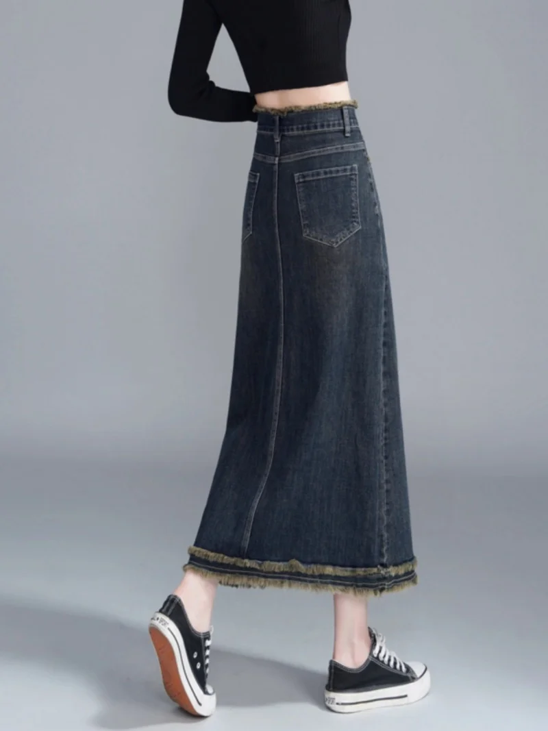 تنورة دينم نسائية عصرية جديدة لعام 2025، تنورة طويلة طويلة بخصر عالٍ على شكل حرف A مع تفاصيل هامشية، أنيقة وغير رسمية w1837