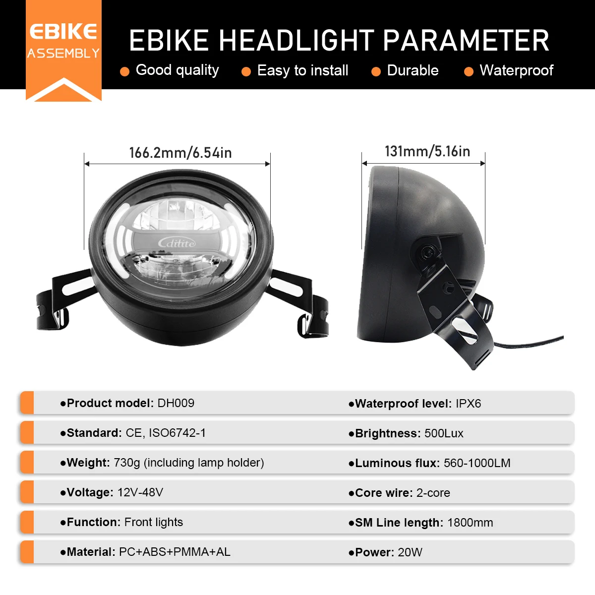 

Фара для электронного велосипеда DH009, 2-контактный SM/водонепроницаемая вилка, 12 В-48 В для фар для электрического велосипеда, передний фонарь для электронного велосипеда, прожектор, велосипедные детали