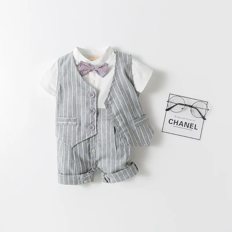 Baby Boys Summer Rompers Newborn Infant Gentleman Outfit Short Sleeve Grey Striped Bodysuit Suspenders Romper Kids Clothes Set