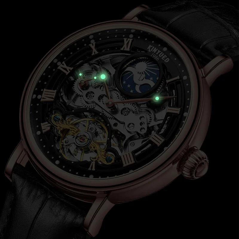 KINYUED orologio da uomo automatico orologi meccanici volano scava fuori orologio multifunzionale cinturino in pelle orologio da polso fasi lunari