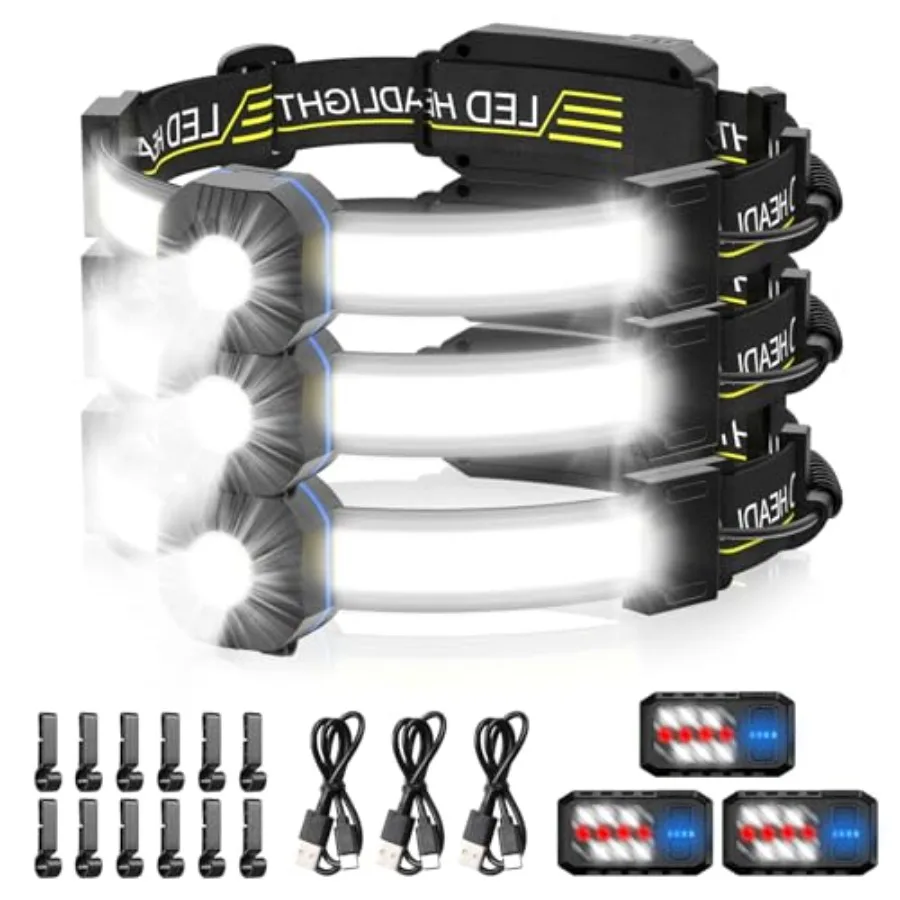 s 230° Widebeam Headlight 3Packs USB Rechargeable HeadLamp with Red Taillight Lightweight Waterproof Headband Light for Camping