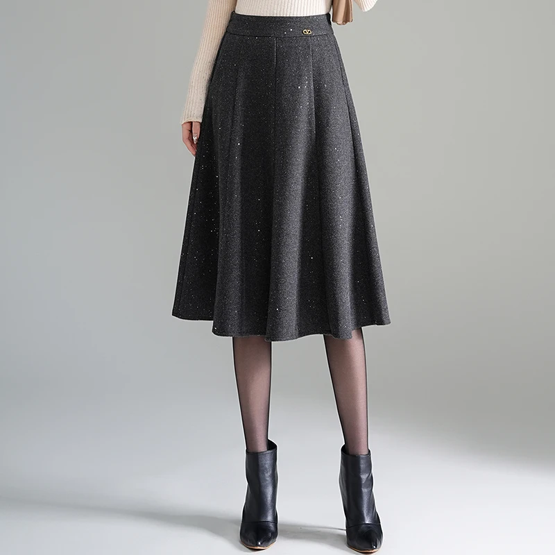 

ay Woolen Sequin A-Line Skirt Women's Autumn Winter Mid-Length Small Size Umbrella Skirt High Waist Slimming Hip Covering H...