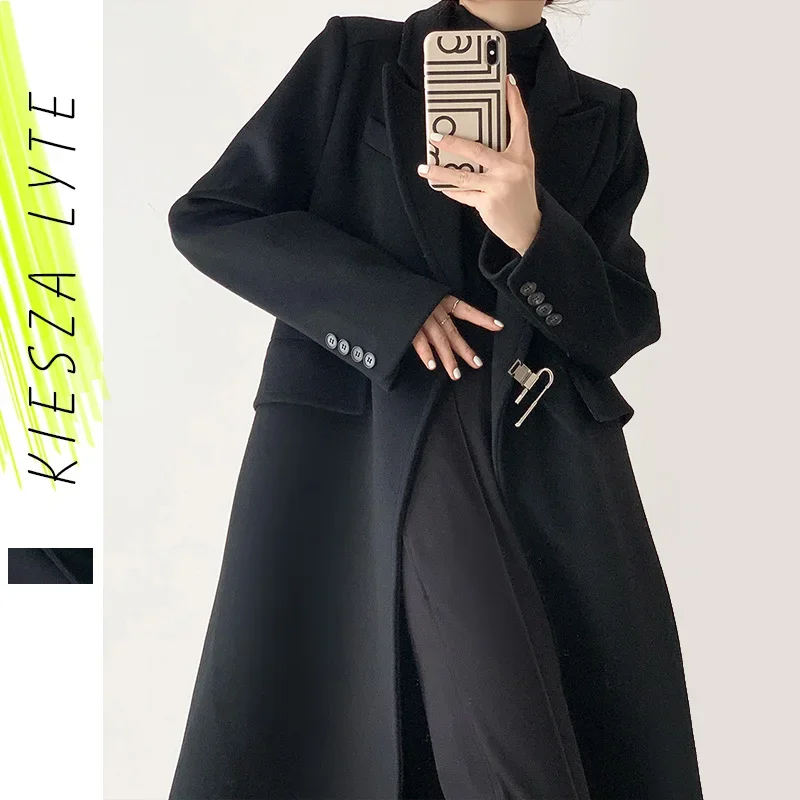 Black Wool Coat Hepburn Style French Coats Long Jackets Women Winter Metal Button Office Lady Woolen Overcoat