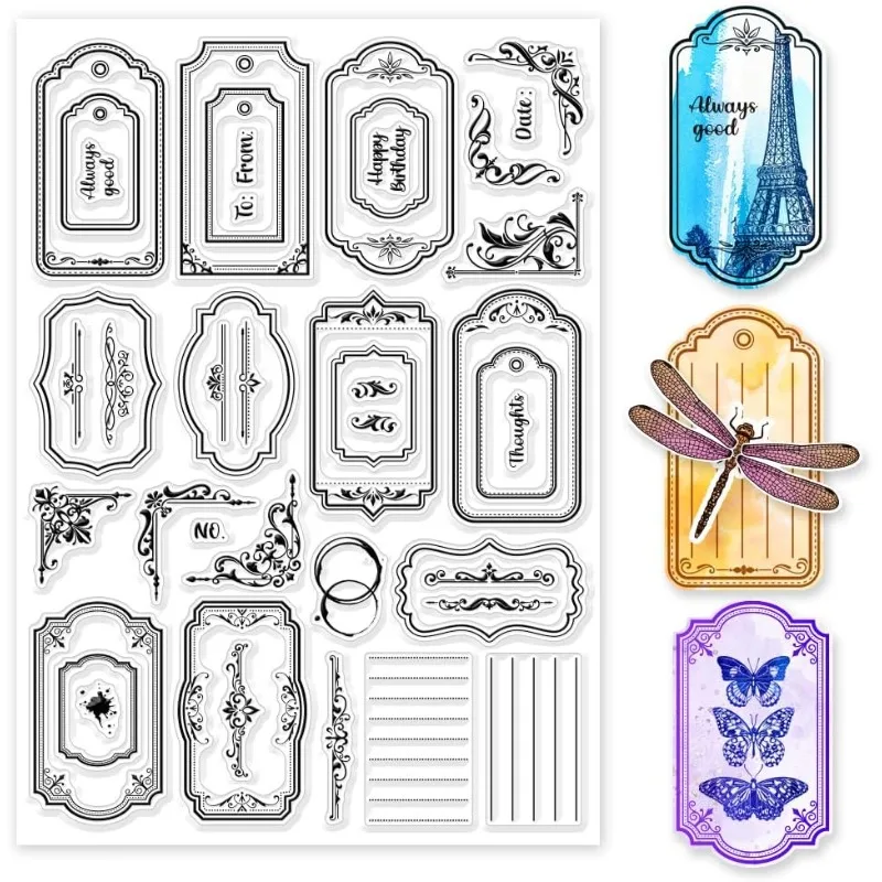 1pc Vintage Label Corners Clear Stamps for Cards Making Retro Plant Frame Silicone Clear Stamp Seals 8.3x11.7inch for DIY