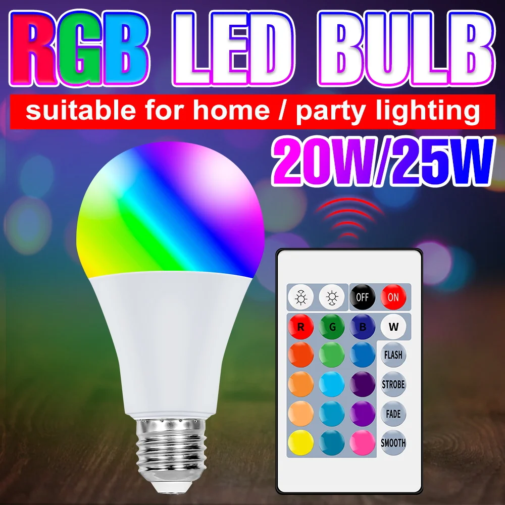 LED RGB 램프 E27 스마트 램프, 220V, 20W, 다채로운 램프, 25W, 밝기 조절 가능, 봄빌라 LED, 110V, 가정용 매직 전구