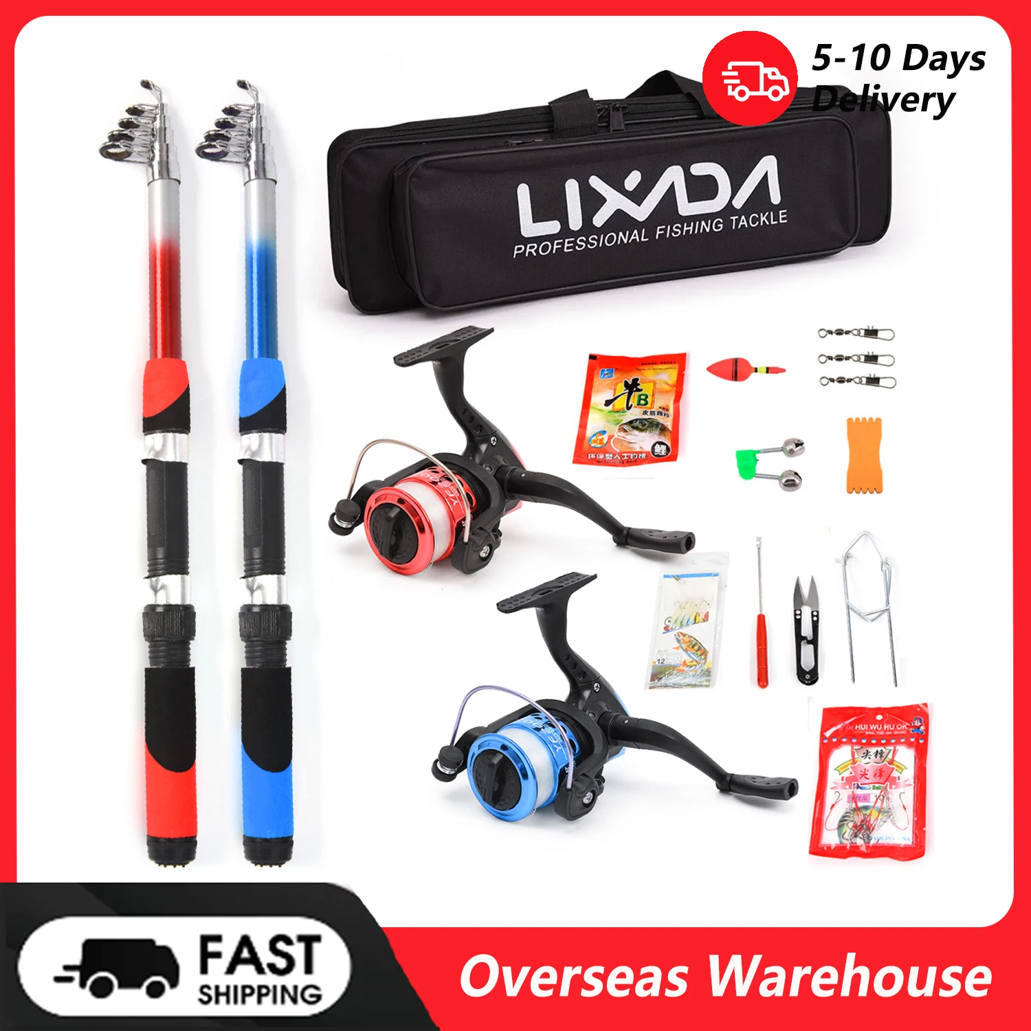 Lixada Fishing Rod Reel Combo Full Kit with 2PCS 2.1m Telescopic Fishing Rods Spinning  Lures Hooks Accessories Fishing Bag