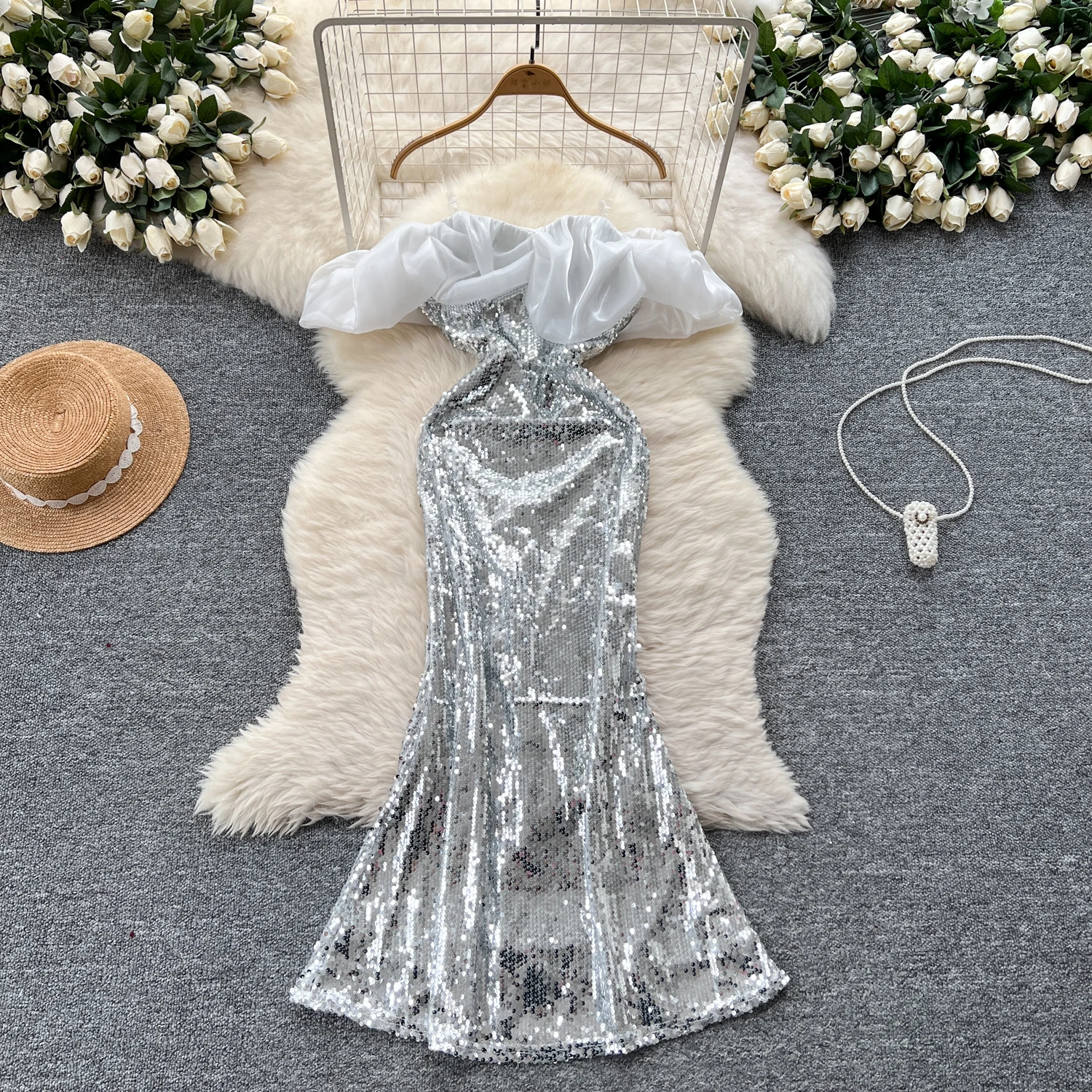 Elegant Sleeveless Vintage Strapless Mesh Spliced Glitter Sequin Slim Memaid Dresses French Evening High Street Autumn Clothing