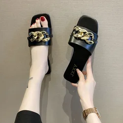 New Fashion Women's Slippers Square Toe Chain Slippers Flat Slide Sandals Beach Flip Flops Metal Decoration Casual Shoes