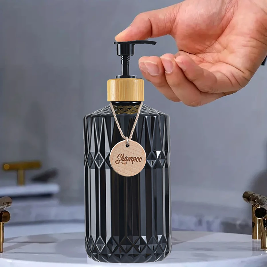 500ML Soap Refillable Bottle Bathroom Kitchen Countertop Soap Liquid Dispenser with Wooden Tag Shampoo Hands Bottle