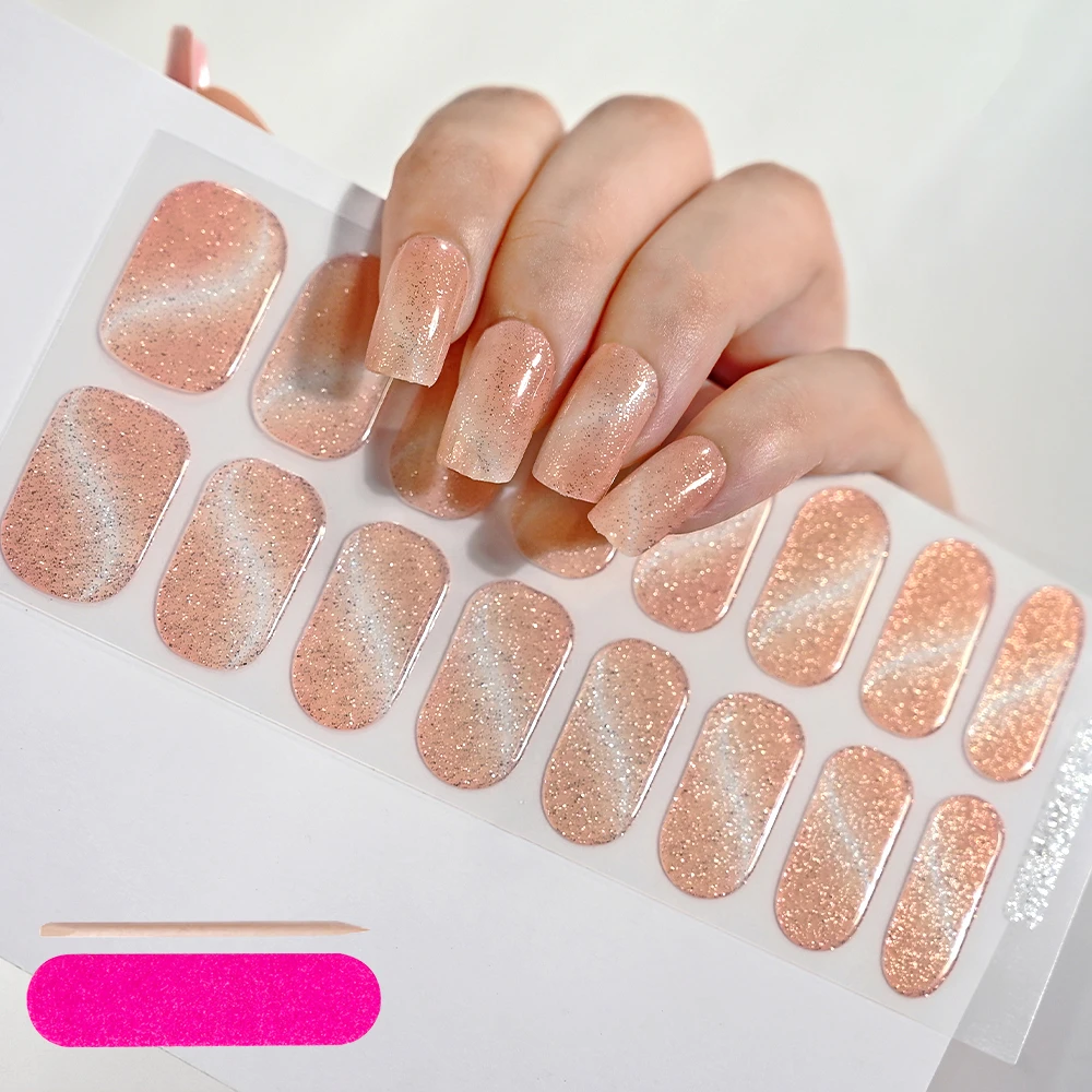 16 puntas de brillo púrpura/rosa Gel semicurado parche para uñas pegatina impermeable de larga duración parche para uñas deslizador Gel de cobertura completa UV Stciker