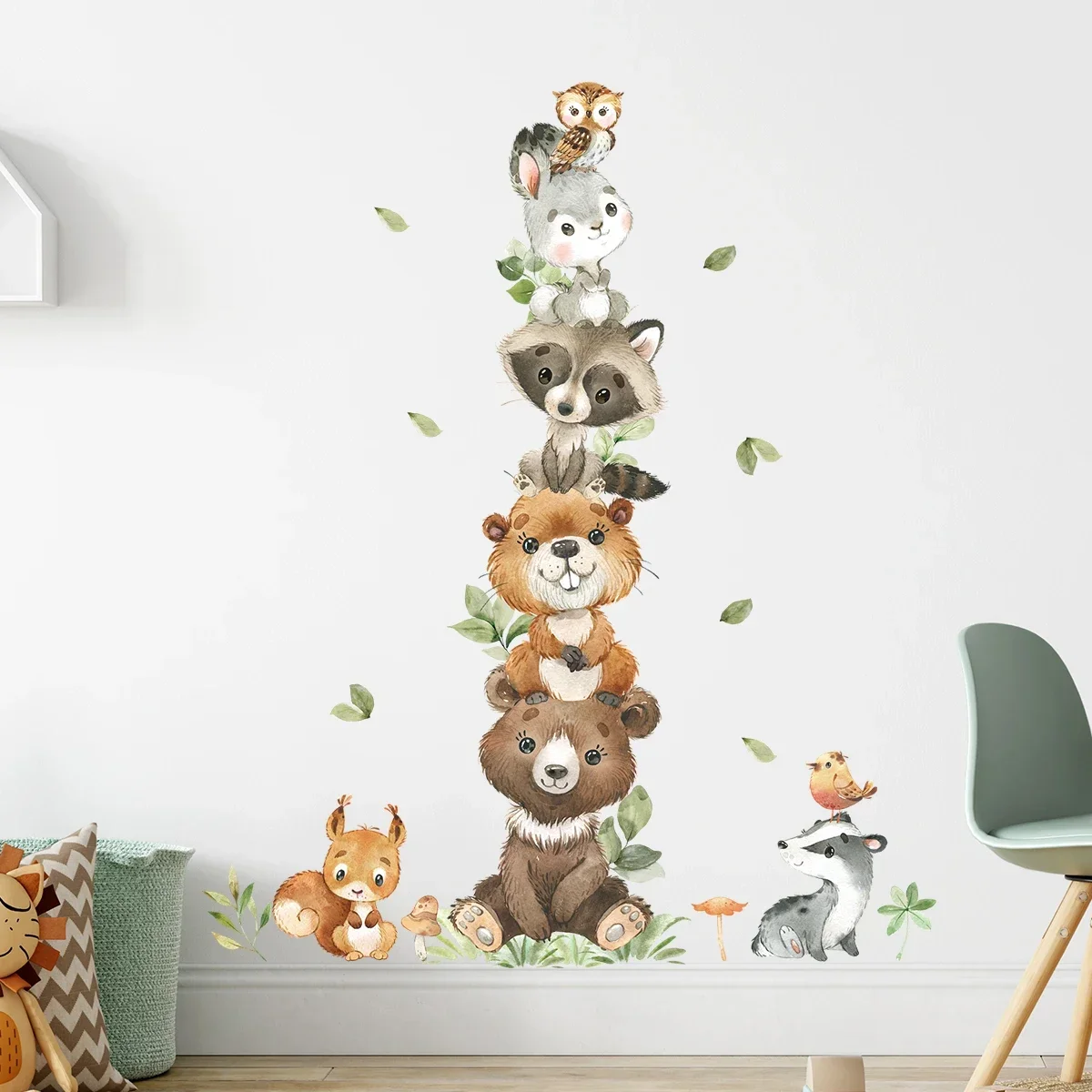 1PC Cartoon Stacked Small Animals Bear Rabbit Raccoon Wall Stickers for Kids Room Bedroom Home Decoration Wall Decor