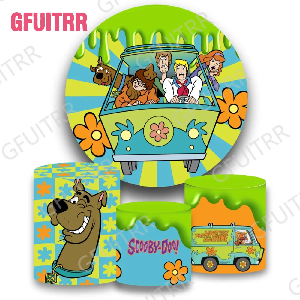 S-Scoobys Cartoon D-Doo Round Backdrop Baby Shower Circle and Cylinder Covers Kids Boys Birthday Party Decoration Photo Props