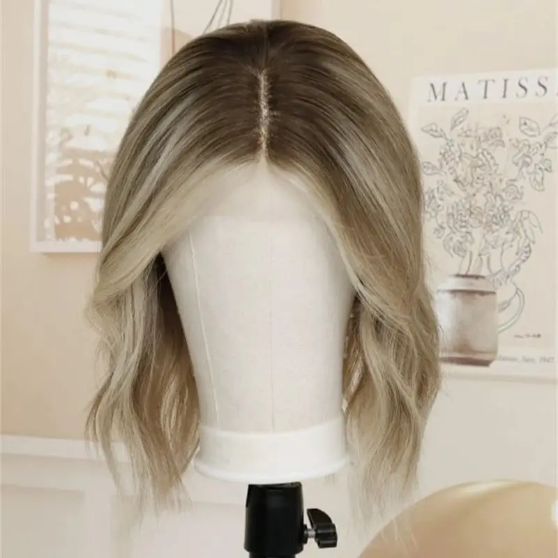 

12 Inch Short Wave Bob Ombre Ash Blonde HD Synthetic Lace Front Wig Human Hair Blend Synthetic Hair Natural Preplucked Hairline