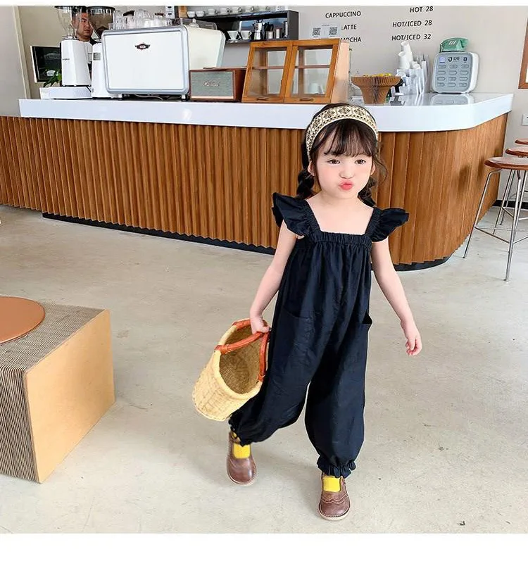 Girls little fly sleeve backpack pants summer new children female baby Children\'s dress falfashion outside wear jumpsuit spring