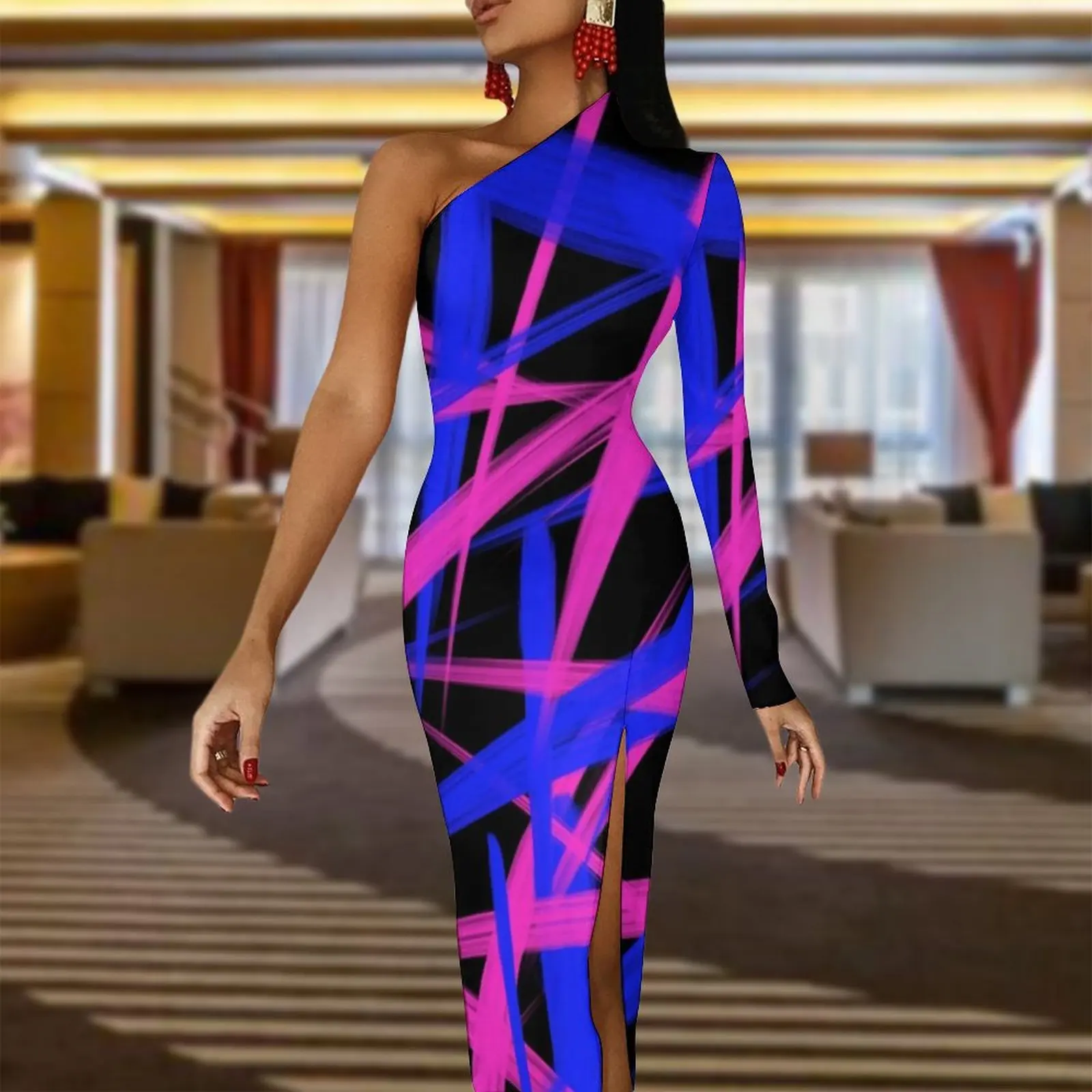 Neon Paint Maxi Dress One Shoulder Graphic Art Print Cute Bodycon Dress Autumn High Slit Party Long Dresses Lady Trendy Clothes