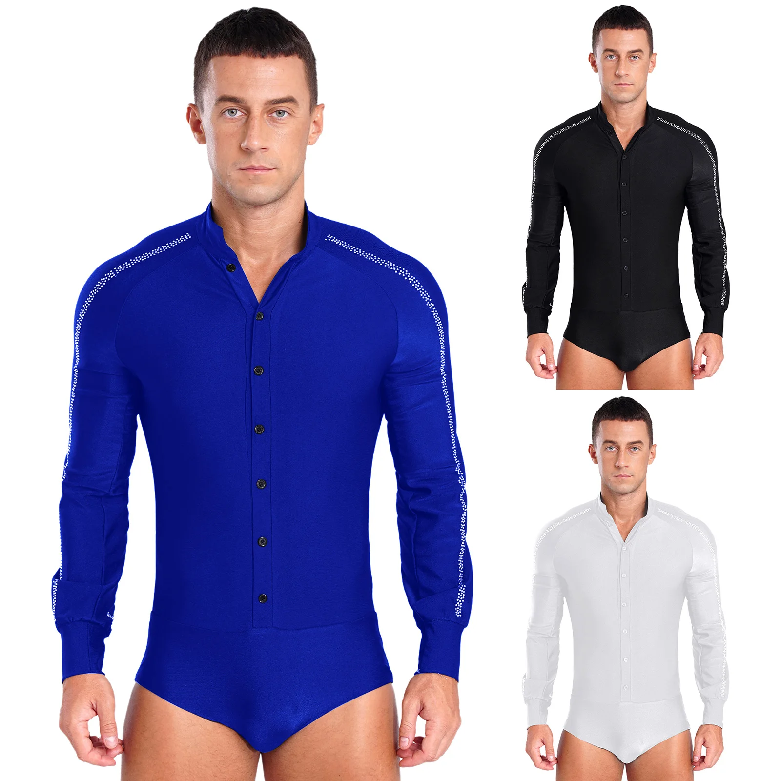 Mens Latin Ballet Dance Leotard Competition Costume Raglan Sleeve Stand Collar Button Sparkly Rhinestones Leotard