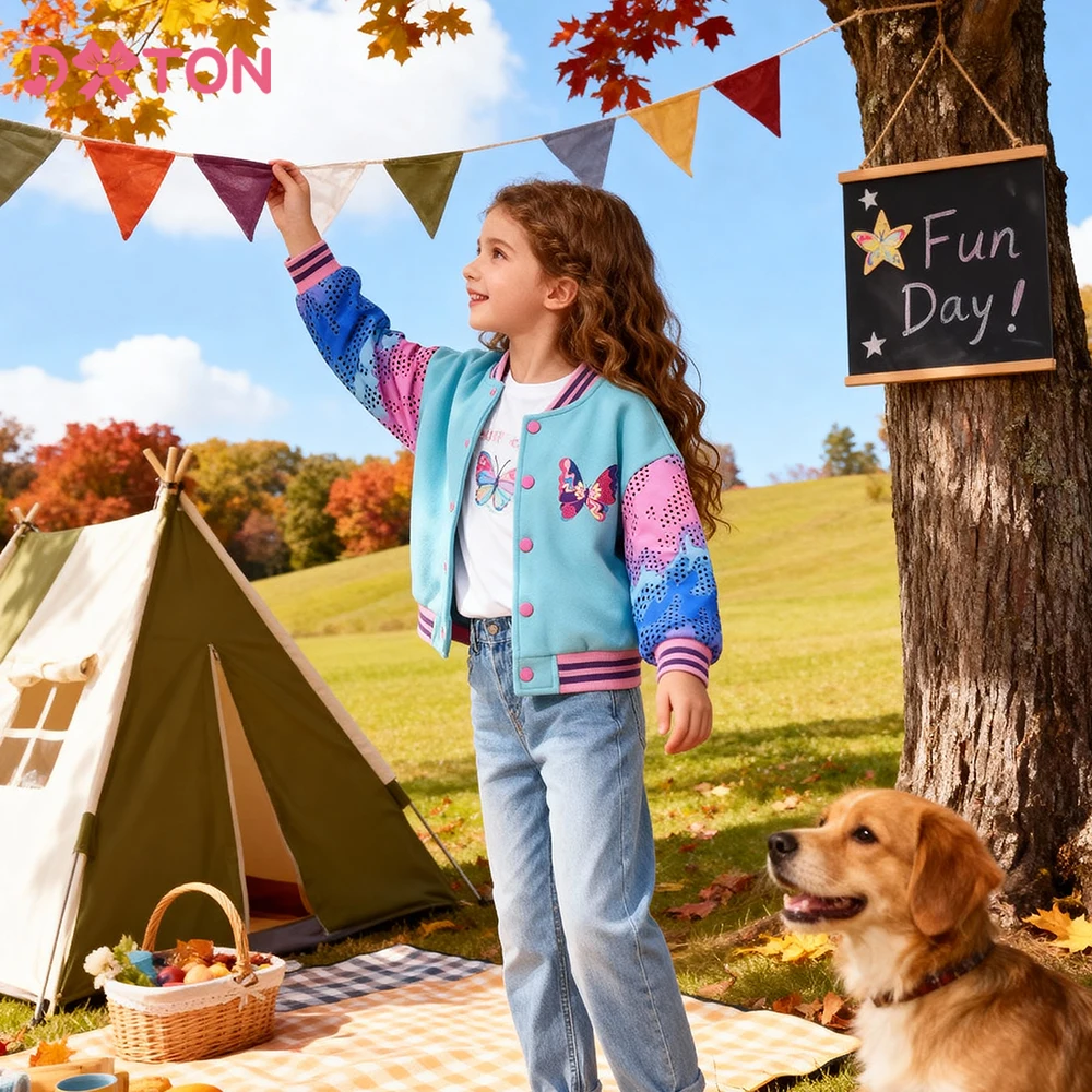

DXTON Spring Autumn Girls Jacket Sequined Butterfly Baseball Coat For Children Single-breasted Cardigan Casual Kids Sport Coat
