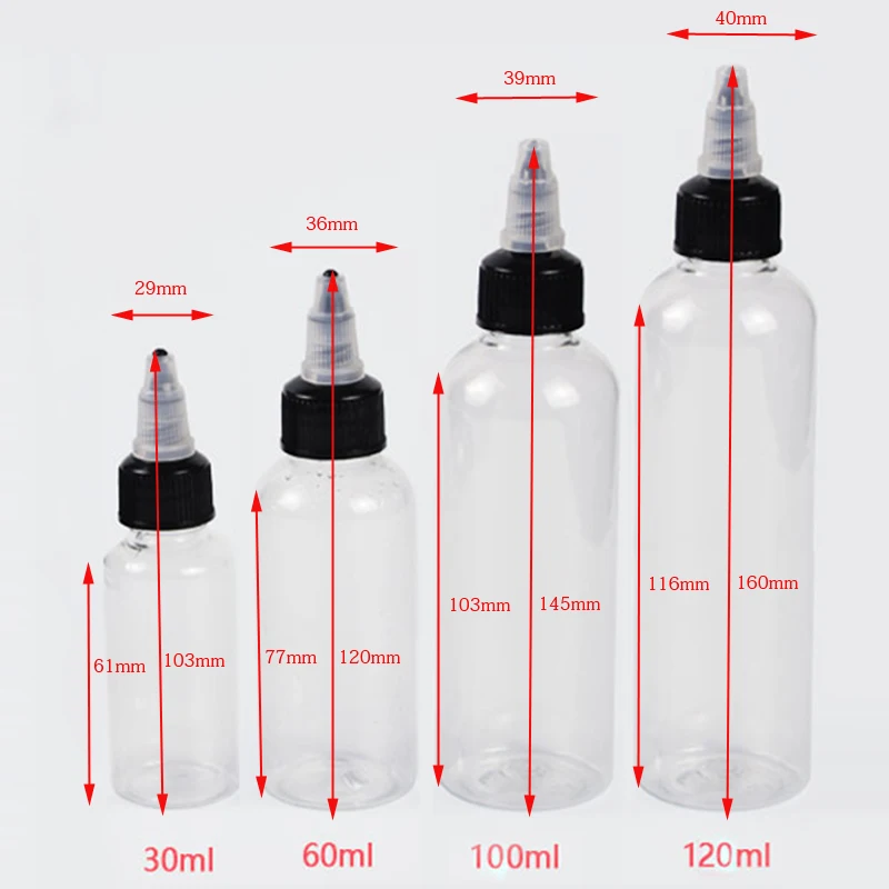 100 peças 30ml/60ml/100ml/120ml vazio plástico pet torção tampa superior garrafa conta-gotas tinta de tatuagem e recipiente de distribuição de óleo líquido