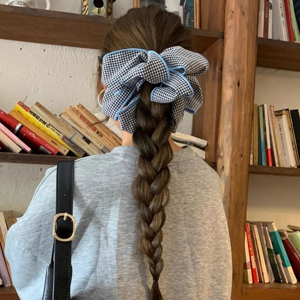 

Exquisite Elastic Flower Hair Scrunchies Sweet Cloth Blue Plaid Hair Ring Korean Style Ponytail Holder Lattice Hair Tie Lady
