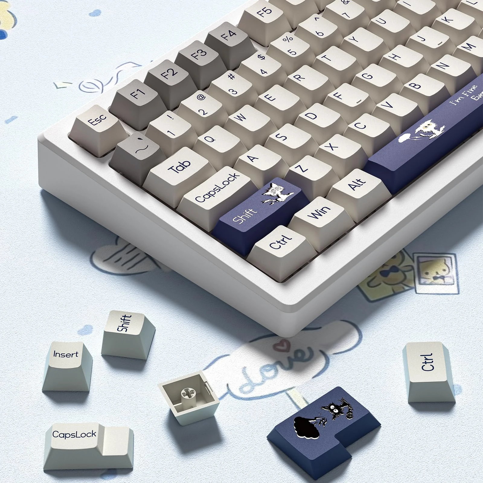 131 Keys Blue White Cat PBT Keycaps Cherry Profile Five Side Dye Sub Key caps for Cherry MX Switches Gaming Mechanical Keyboard