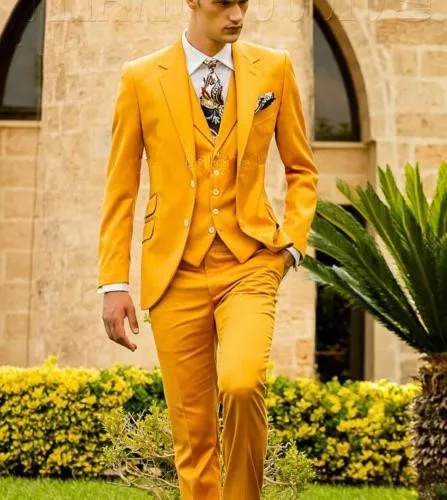 Mustard Yellow Fashion Men\'s Slim Fit Custom Suits Men Business Prom Wedding Suits 3 Pieces Set Traje Hombre Jacket Vest Pants